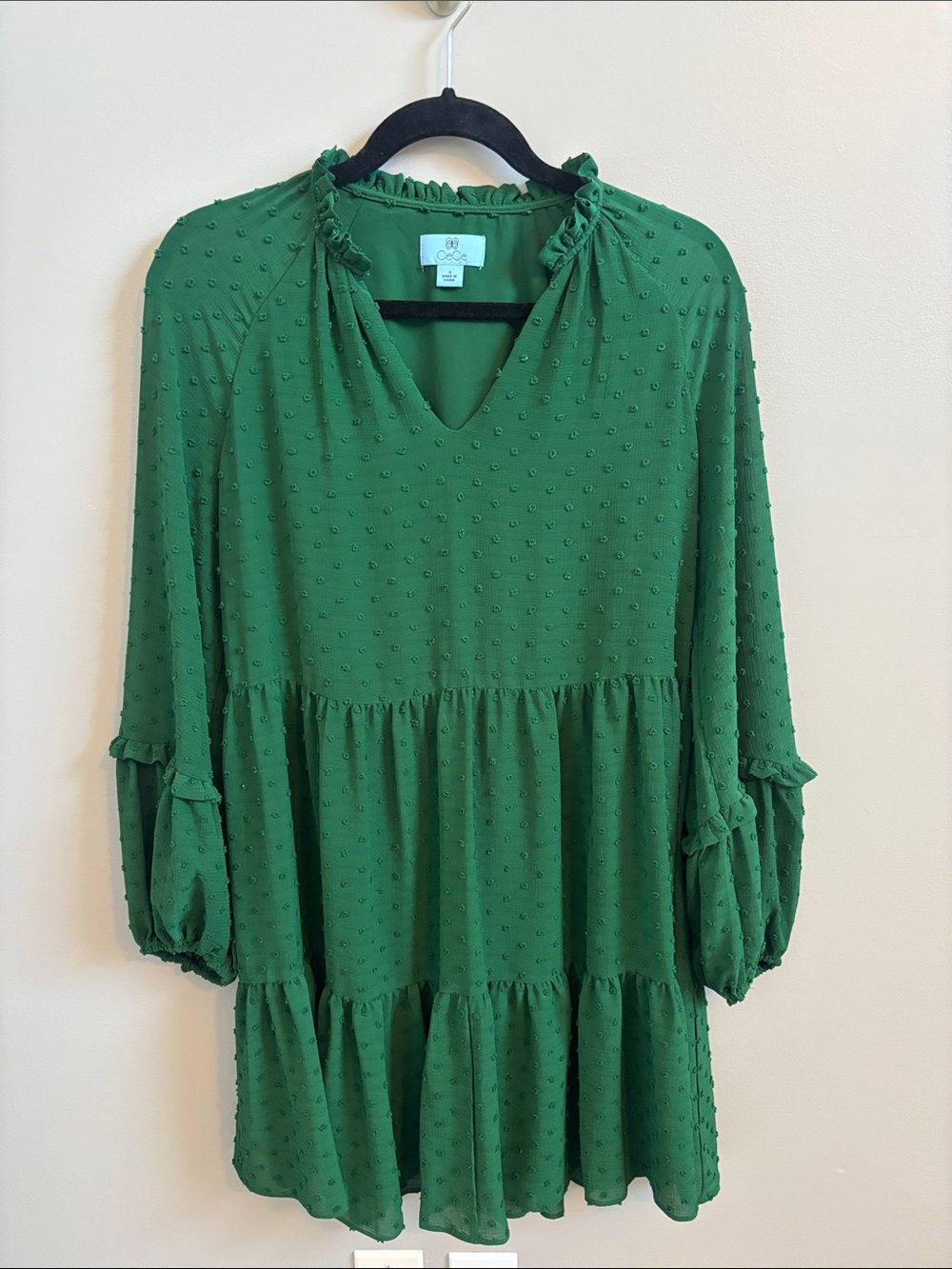 CeCe Emerald Green Swiss Dot Tiered V-Neck Dress